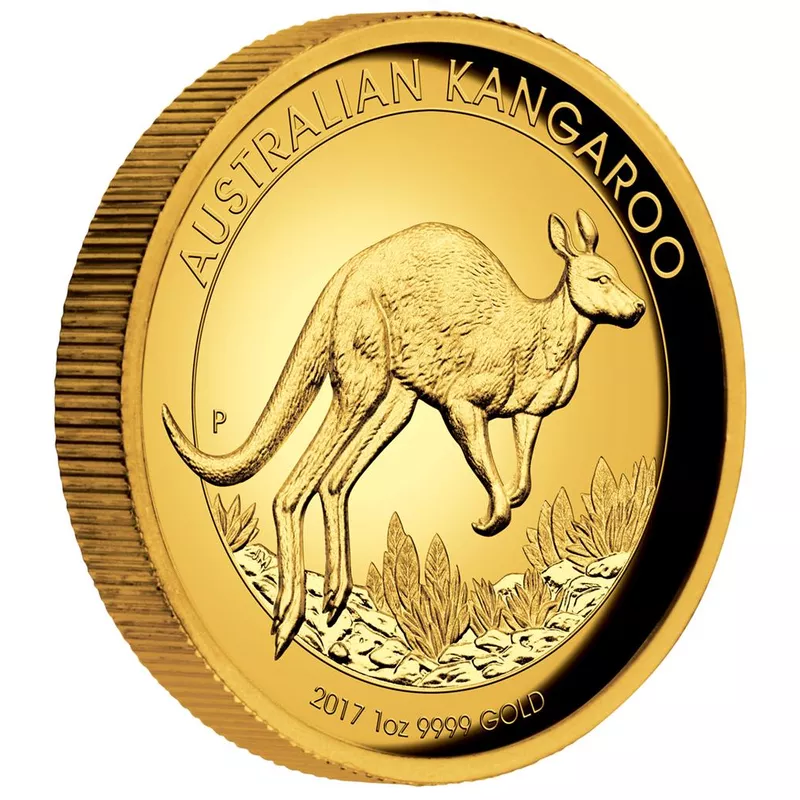 Moneda Canguro australiano de 1 onza de oro, reverso y canto