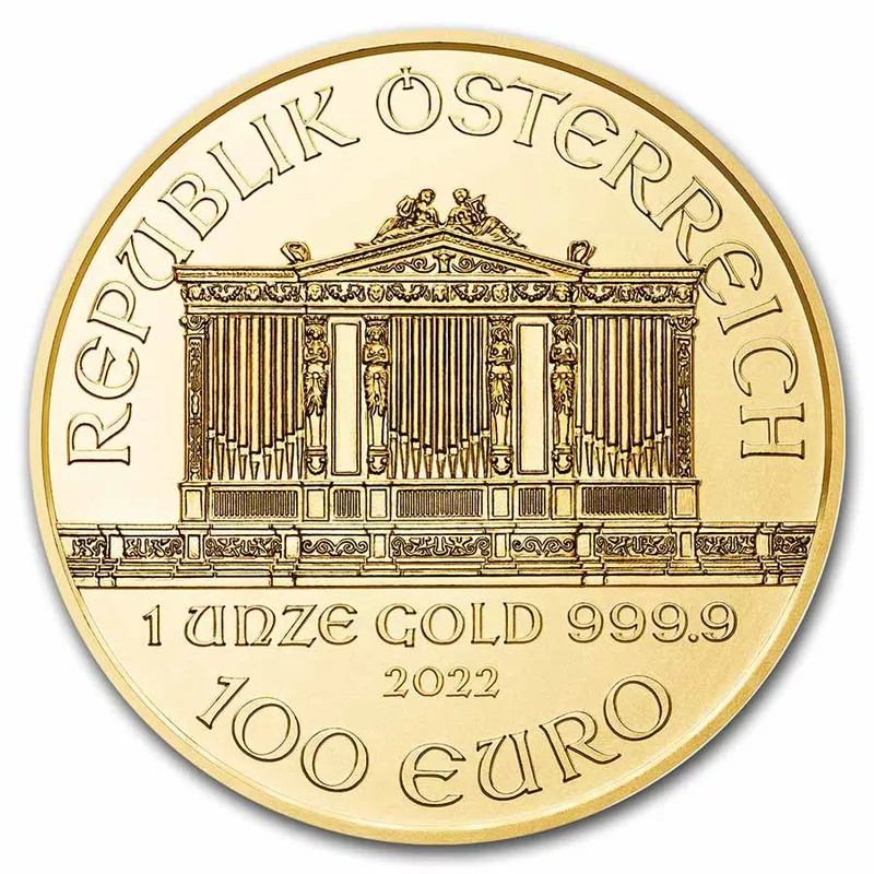 Moneda Filarmónica de Viena de 1 onza de oro, anverso con el órgano