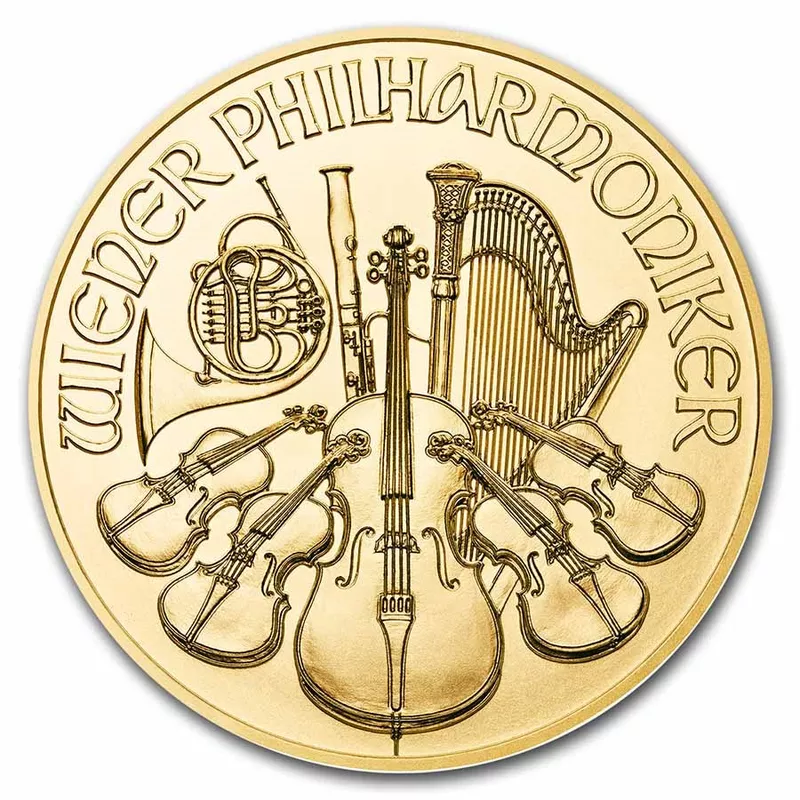 Moneda Filarmónica de Viena de 1 onza de oro, reverso con instrumentos
