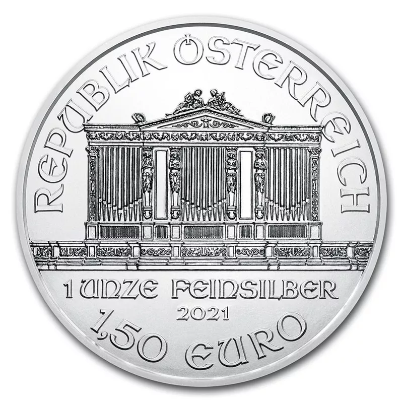 Moneda Filarmónica de Viena de 1 onza de plata, anverso con el órgano