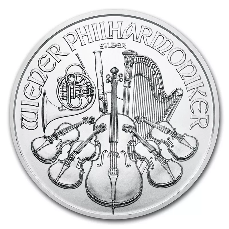 Moneda Filarmónica de Viena de 1 onza de plata, reverso con instrumentos