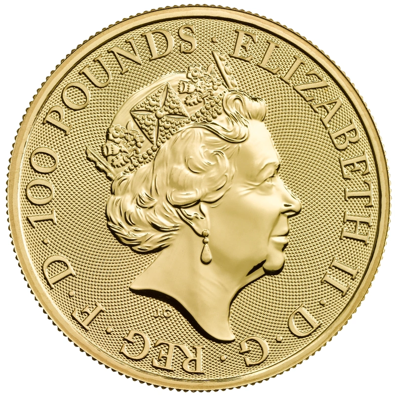 Moneda Lunar Año de la Rata 2020 de Royal Mint, 1 onza de oro, anverso con Isabel II